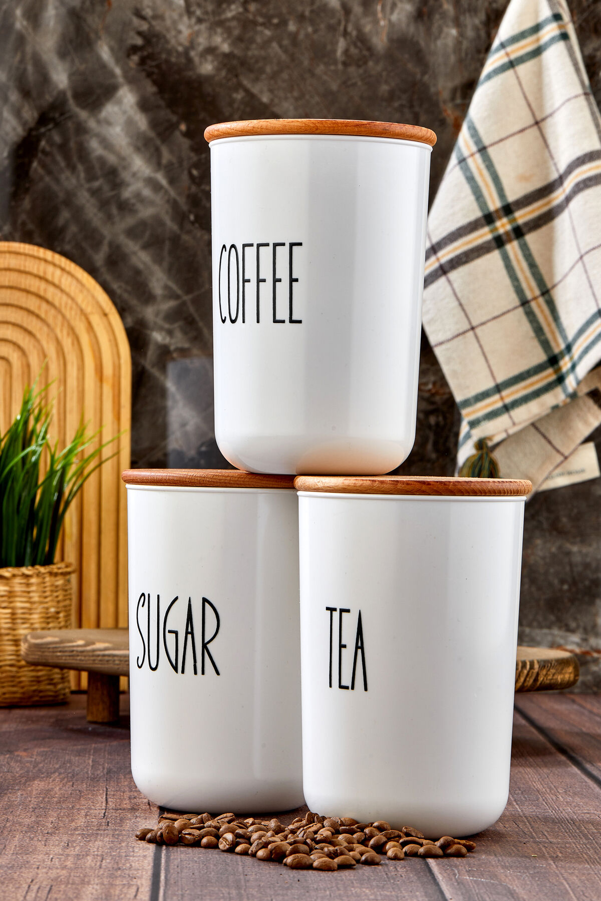 3'lü Ahşap Vakum Kapaklı Transfer Etiketli Akrilik (PLASTİK) Tea/sugar/coffe Kavanoz 900ml Beyaz
