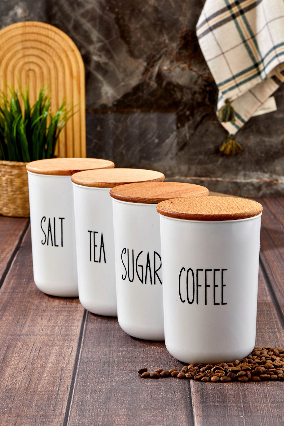 4lü Ahşap Vakum Kapaklı Transfer Etiketli Akrilik (PLASTİK)tea/şugar/coffe/salt Kavanoz 900ml Beyaz