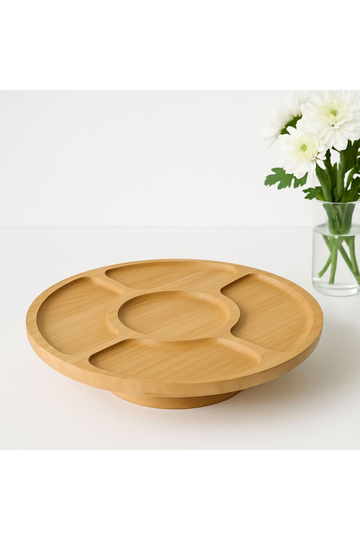 360 Derece Döner Sunumluk/Çerezlik/Peynir Tabağı 5 Bölmeli Sunum Tepsisi 28 cm Bambu