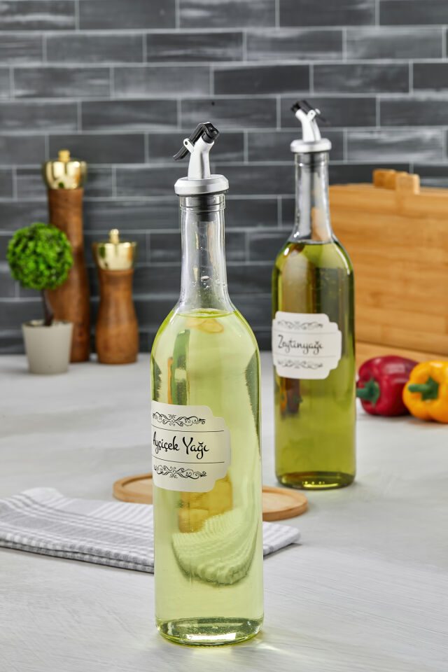 2li 750ml Ahşap Standlı Ayçiçek Yağı &Zeytinyağı Şişesi Gri Tıpalı Cam Yağdanlık Şeffaf