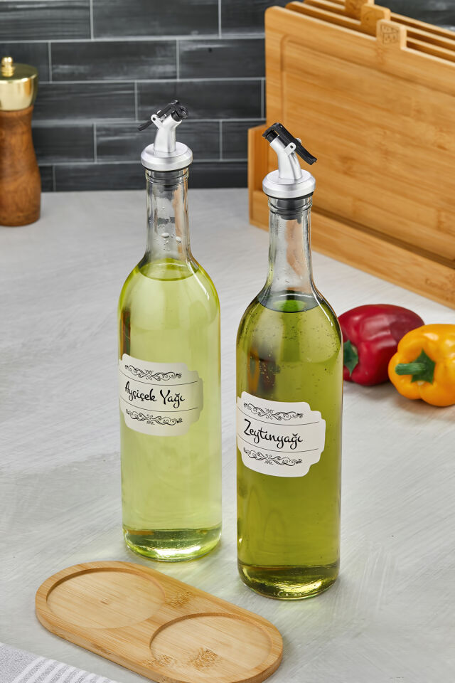 2li 750ml Ahşap Standlı Ayçiçek Yağı &Zeytinyağı Şişesi Gri Tıpalı Cam Yağdanlık Şeffaf