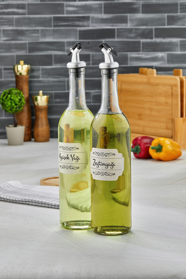 2li 750ml Ahşap Standlı Ayçiçek Yağı &Zeytinyağı Şişesi Gri Tıpalı Cam Yağdanlık Şeffaf