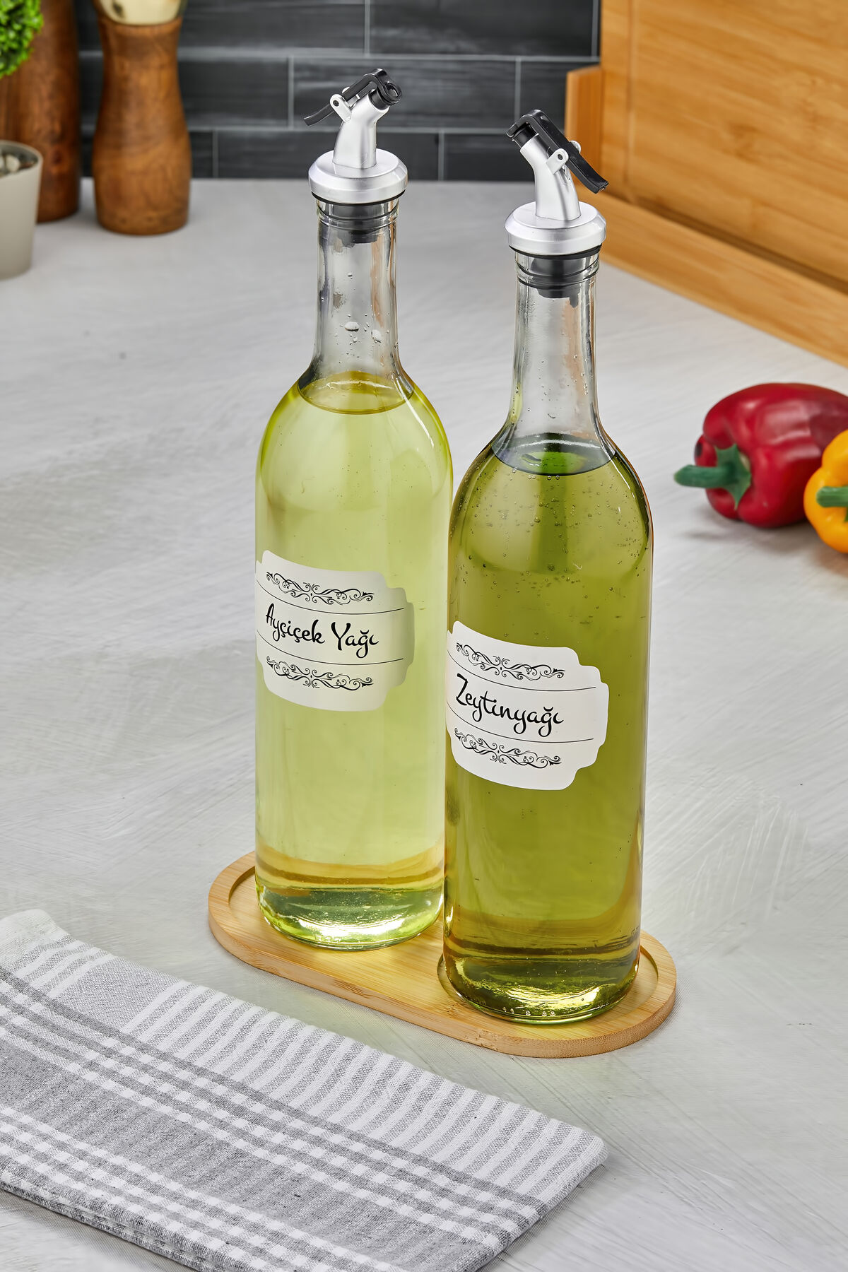 2li 750ml Ahşap Standlı Ayçiçek Yağı &Zeytinyağı Şişesi Gri Tıpalı Cam Yağdanlık Şeffaf
