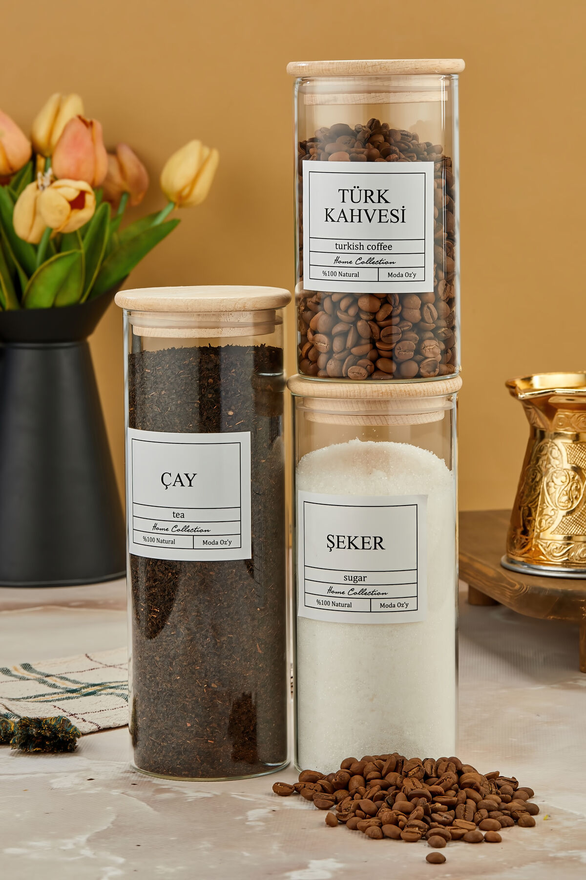 3'lü 100/7500/500 ml Ahşap Kapaklı Çay&Şeker&Türk Kahvesi Kavanozu Vakumlu Saklama Kabı Şeffaf