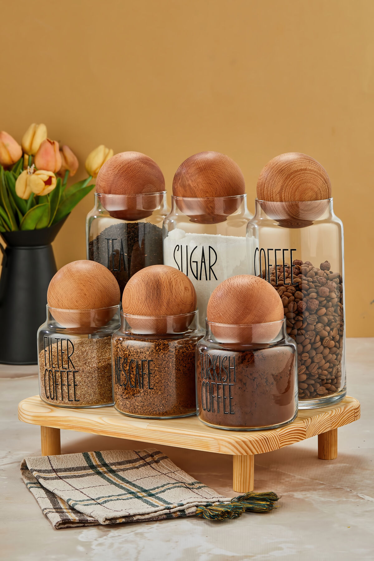 3lü Standlı Top Kapaklı Cam 1300ml Tea/Şugar/Coffe Ve 3lü 500ml Kahve Kavanozu (Transfer Etiket) Şeffaf
