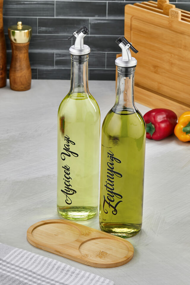 2li 750 ml Ahşap Standlı Transfer Etiketli Ayçiçek Yağı ve Zeytinyağı Şişesi Tıpalı Cam Yağdanlık Şeffaf