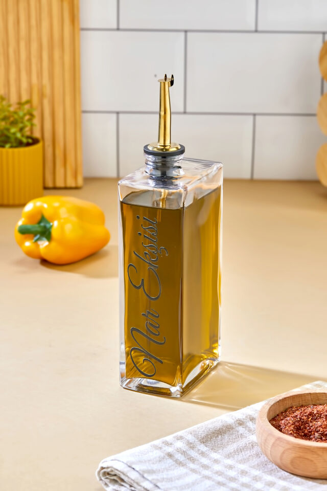 1 Adet Cam Yağdanlık Metal Gold Kapaklı Transfer Etiketli Ayçiçek/Zeytinyağı/Sirke/Narekşisi 500ml Nar Ekşisi