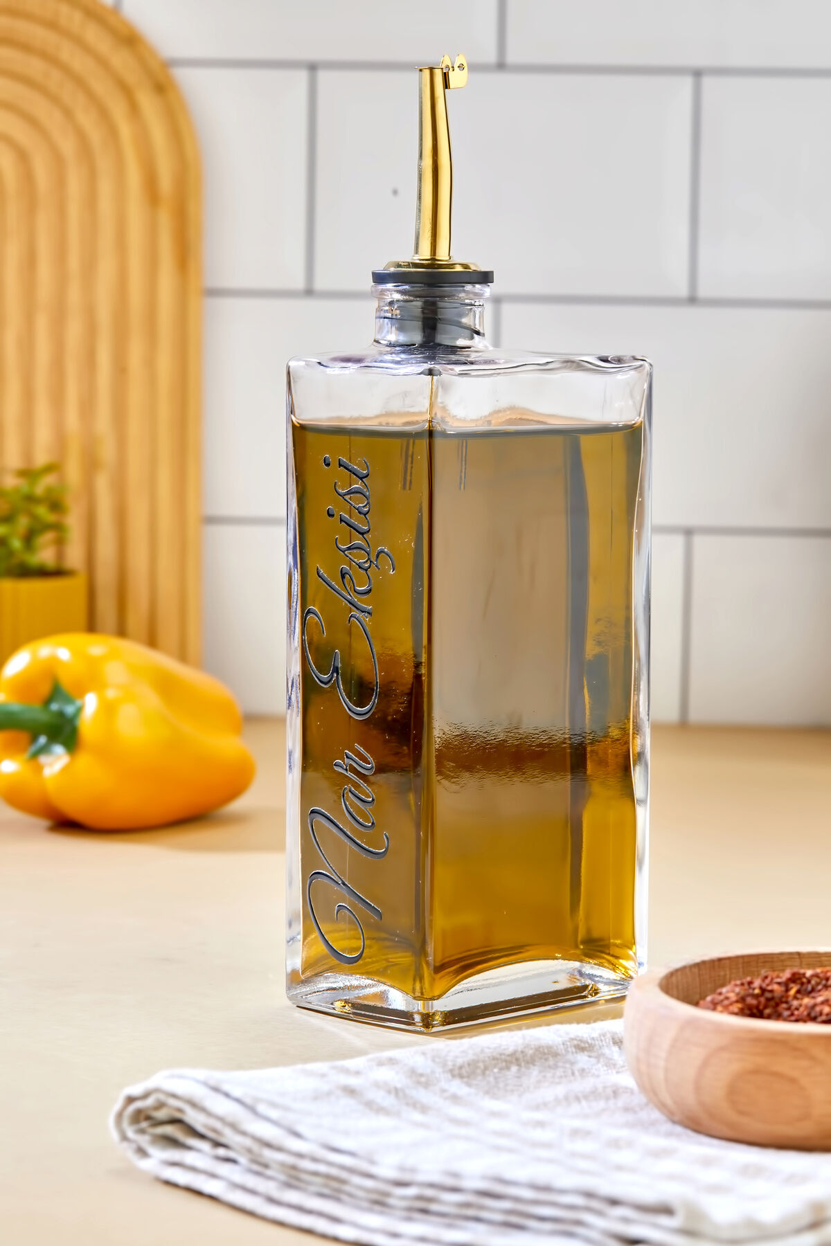 1 Adet Cam Yağdanlık Metal Gold Kapaklı Transfer Etiketli Ayçiçek/Zeytinyağı/Sirke/Narekşisi 500ml Nar Ekşisi
