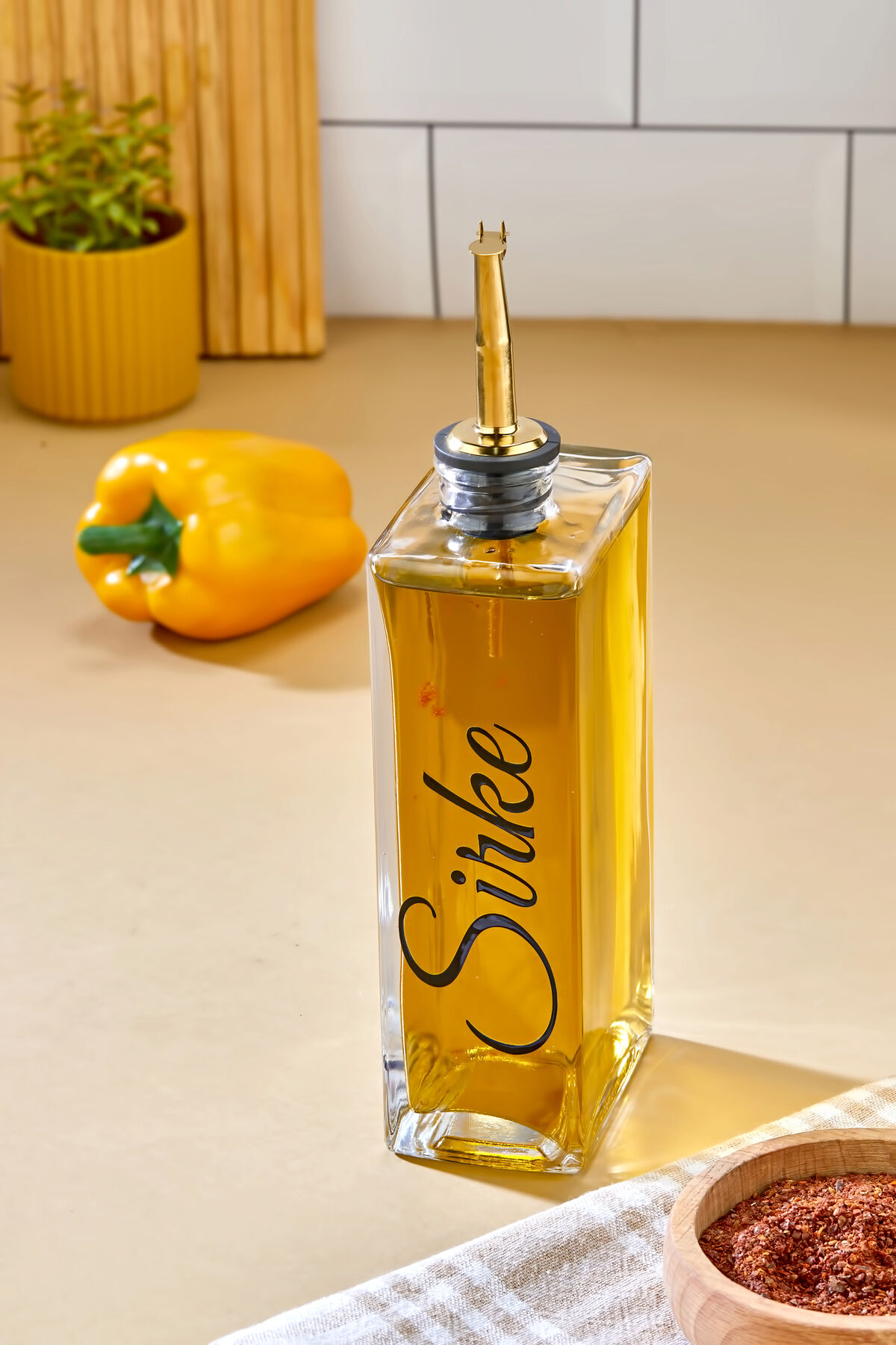 1 Adet Cam Yağdanlık Metal Gold Kapaklı Transfer Etiketli Ayçiçek/Zeytinyağı/Sirke/Narekşisi 500ml Sirke