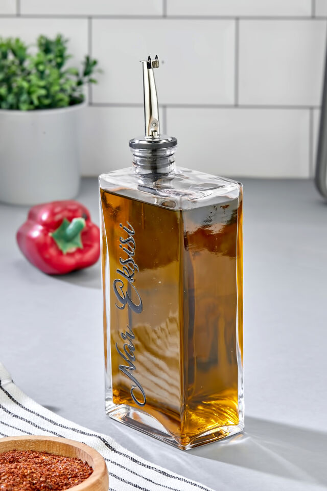 1 Adet Cam Yağdanlık Metal Gümüş Kapaklı Transfer Etiketli Ayçiçek/Zeytinyağı/Sirke/Narekşisi 500ml Nar Ekşisi