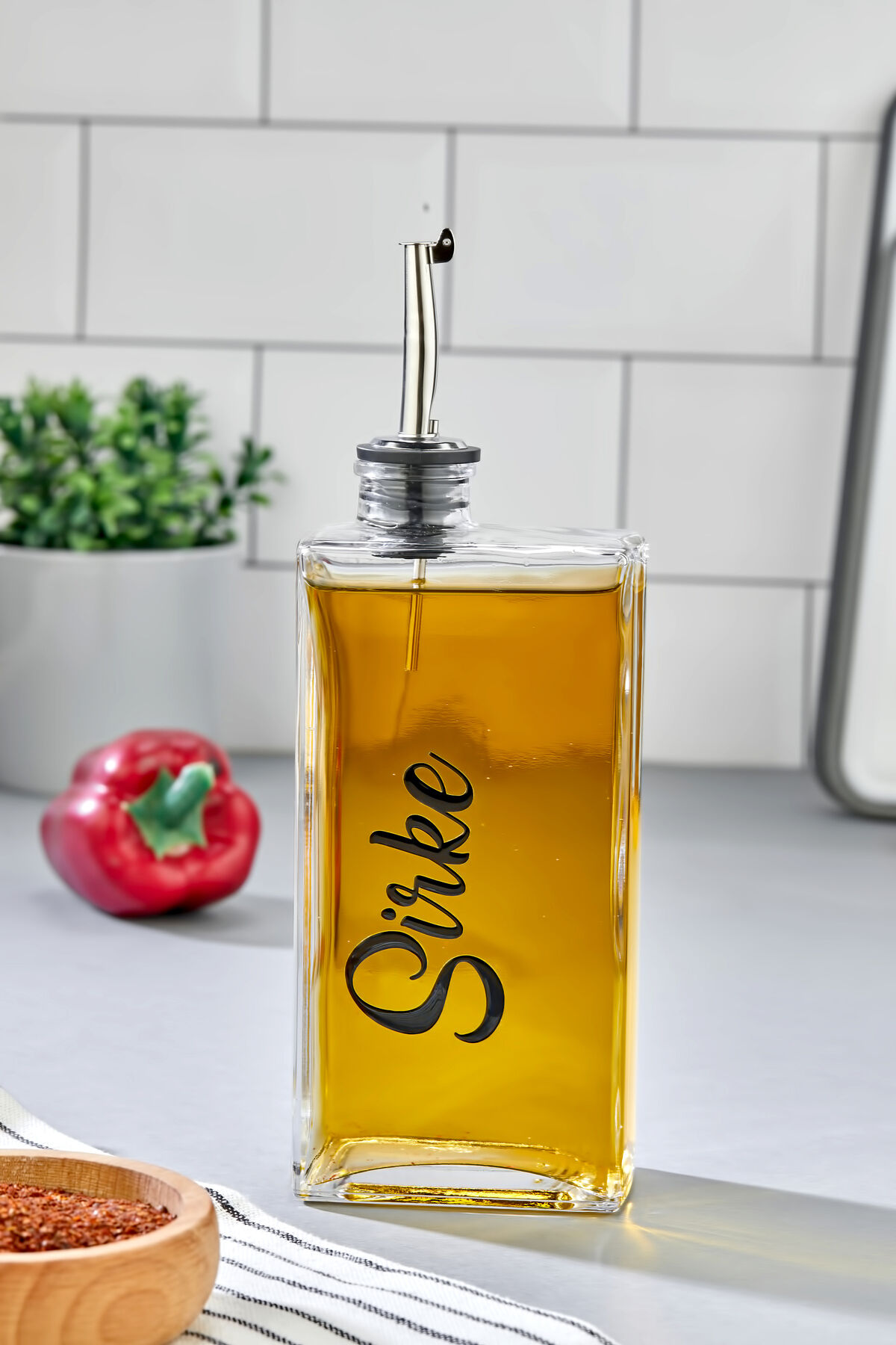 1 Adet Cam Yağdanlık Metal Gümüş Kapaklı Transfer Etiketli Ayçiçek/Zeytinyağı/Sirke/Narekşisi 500ml Sirke