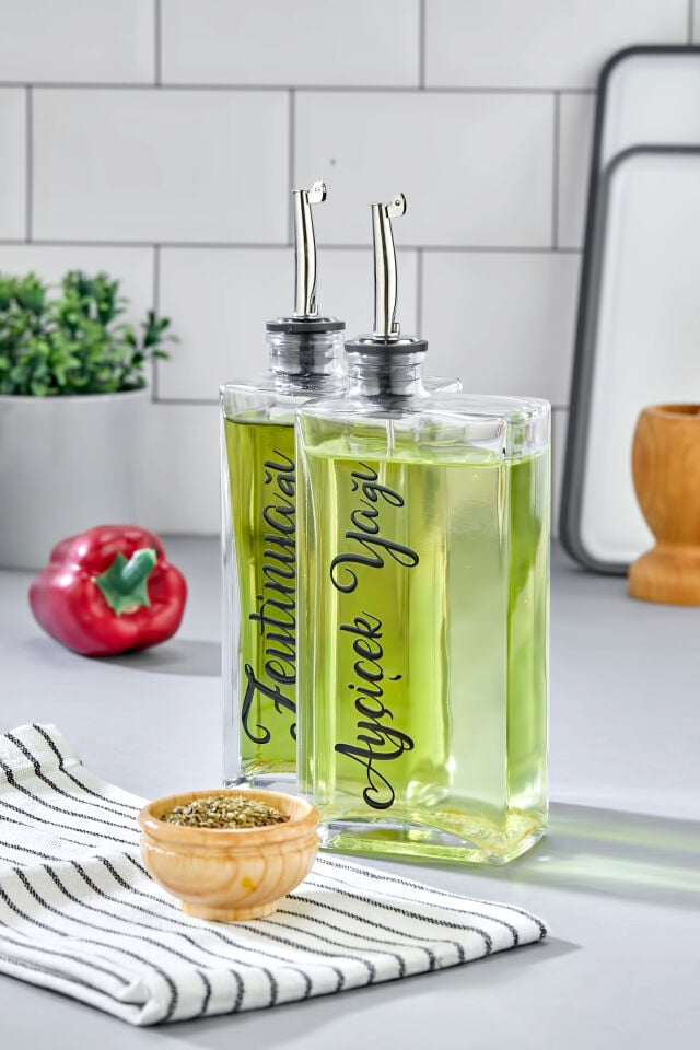 2'li 500 ml Cam Şişe Zeytinyağı /Ayçiçekyağı Transfer Etiketli Yağdanlık Sosluk Sirkelik Gümüş