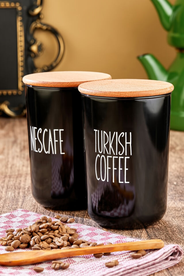 2'li Ahşap Vakum Kapaklı Transfer Etiketli Turkıshcoffe/Nescafe Akrilik(PLASTİK) Kavanoz 900ml Siyah