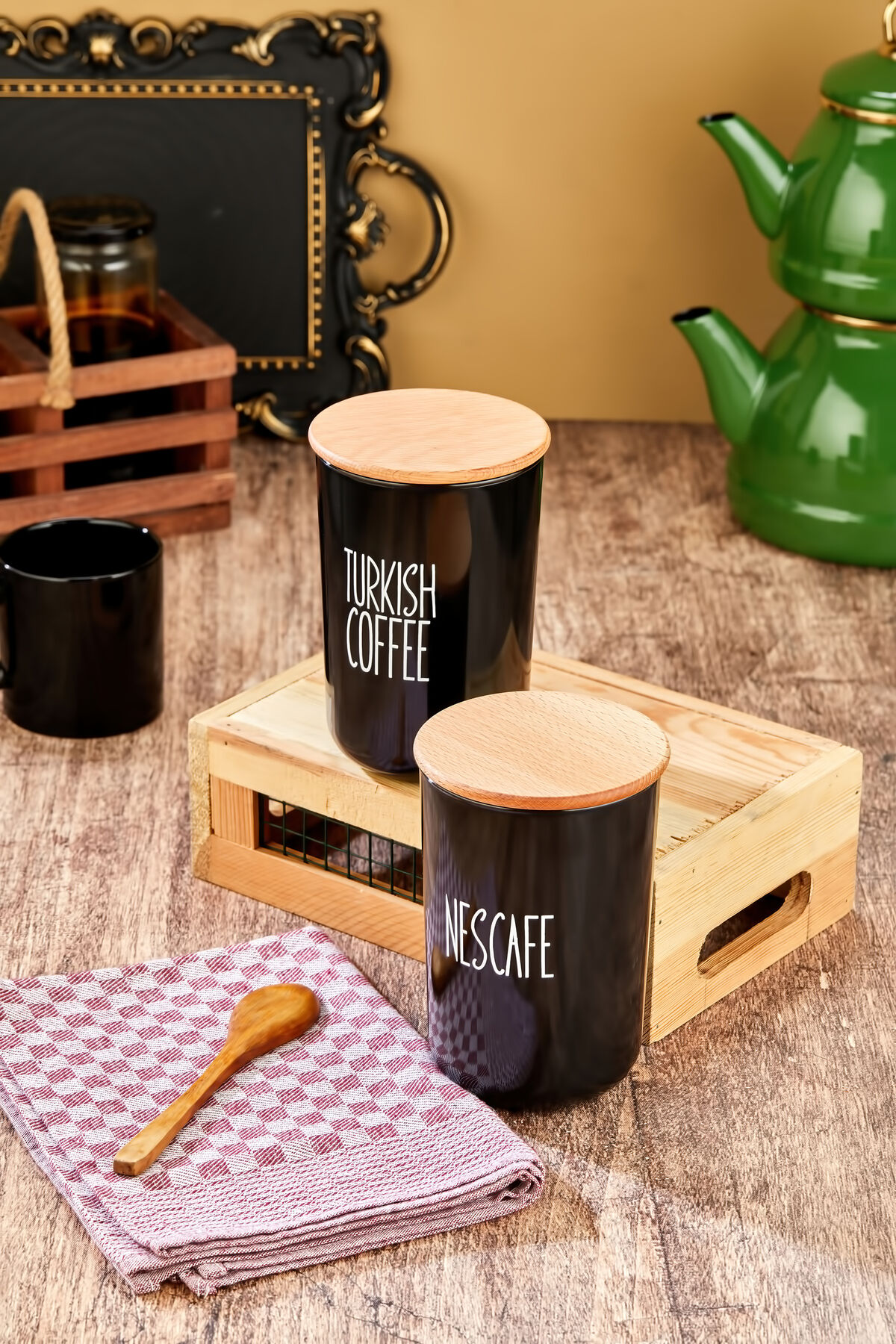 2'li Ahşap Vakum Kapaklı Transfer Etiketli Turkıshcoffe/Nescafe Akrilik(PLASTİK) Kavanoz 900ml Siyah