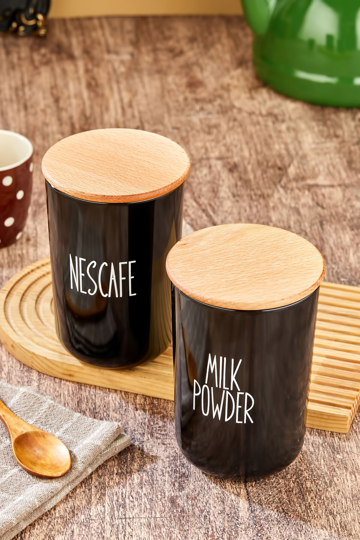 2'li Ahşap Vakum Kapaklı Transfer Etiketli Nescafe/milkpowder Akrilik(PLASTİK) Kavanoz 900ml Siyah