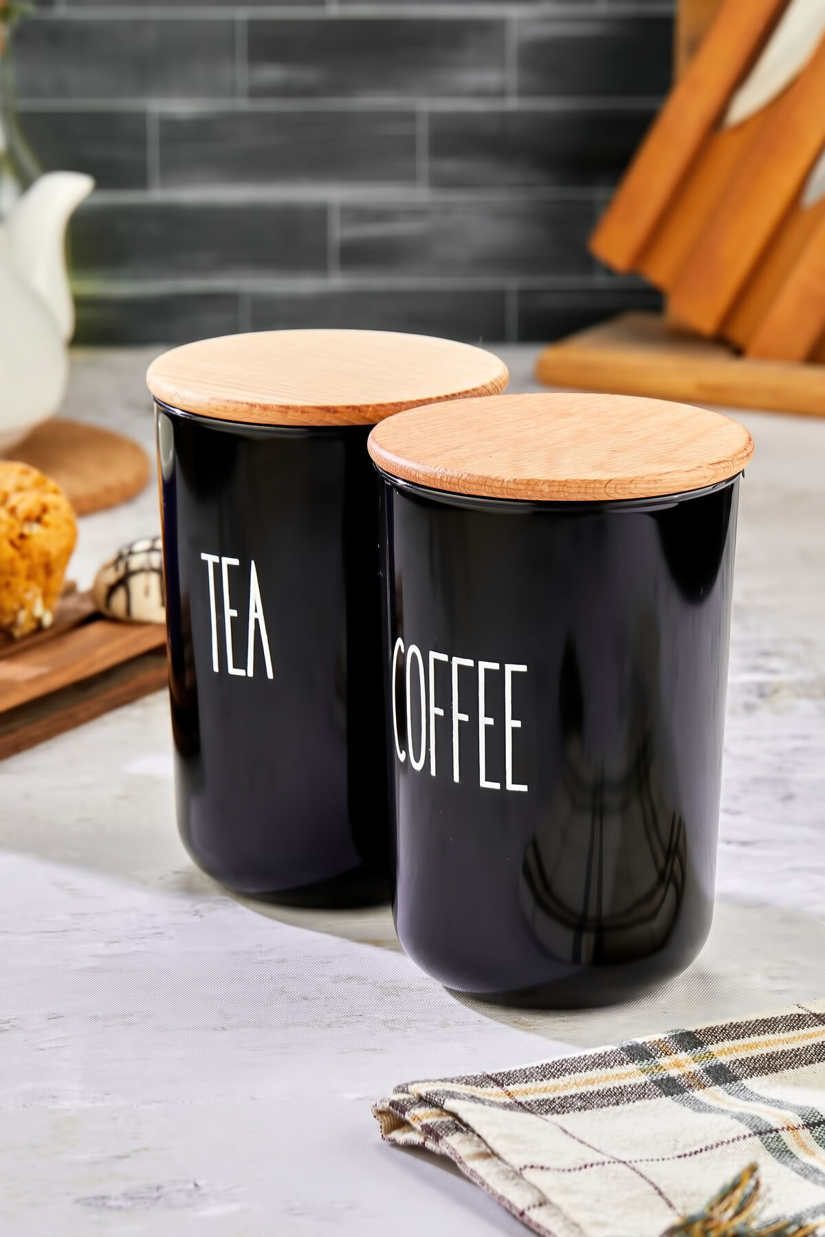 2'li Ahşap Vakum Kapaklı Transfer Etiketli Tea/Coffe Akrilik (Plastik)Kavanoz 900ml Siyah