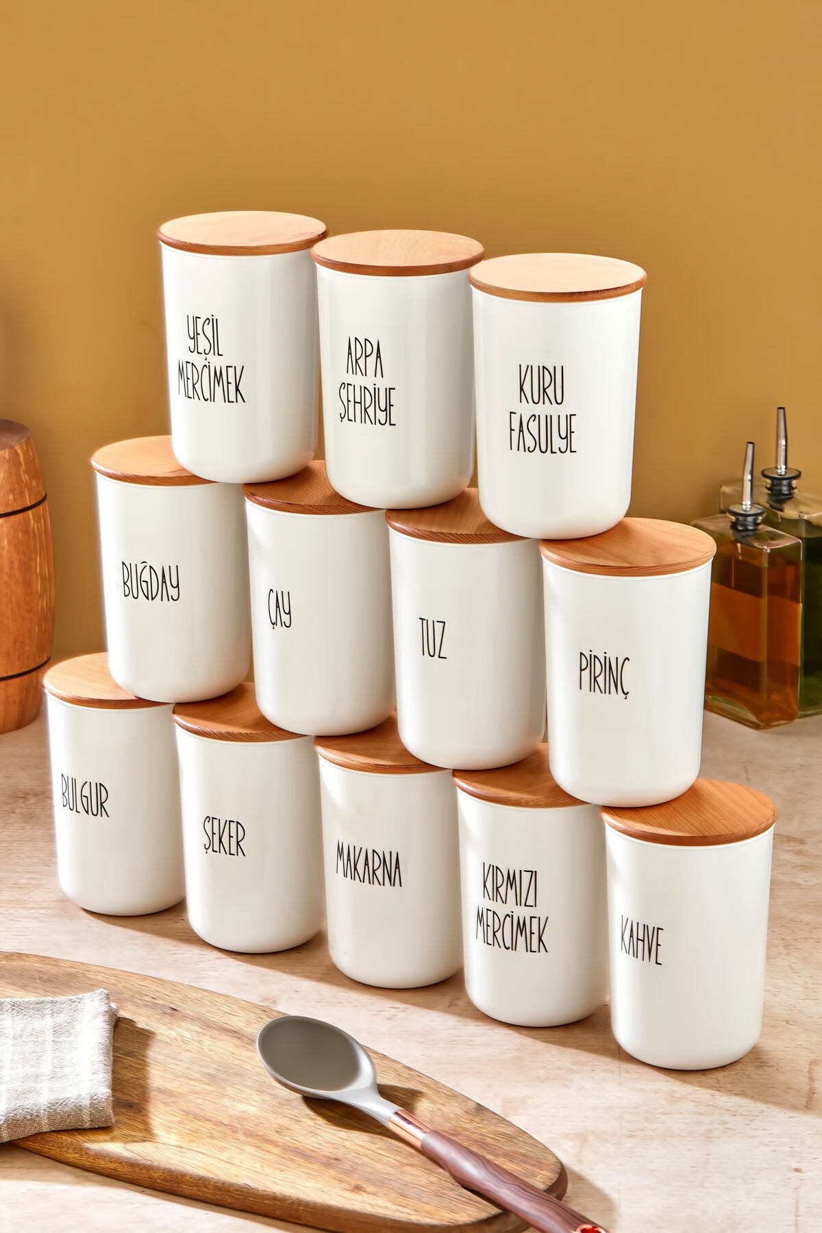 12'li 900ml Akrilik (PLASTİK) Kavanoz Ahşap Vakum Kapaklı Şeffaf Etiketli Saklama Kabı Beyaz