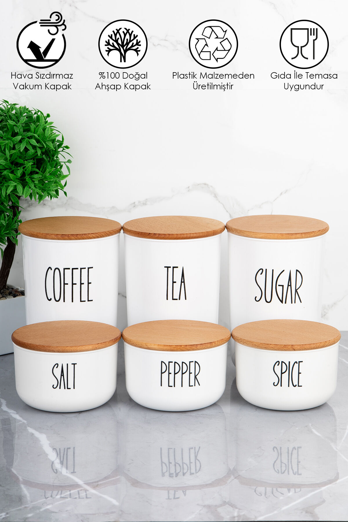 6'lı Ahşap Kapaklı Akrilik (PLASTİK) Kavanoz Seti 900ml/400ml Transfer Etiketli Beyaz