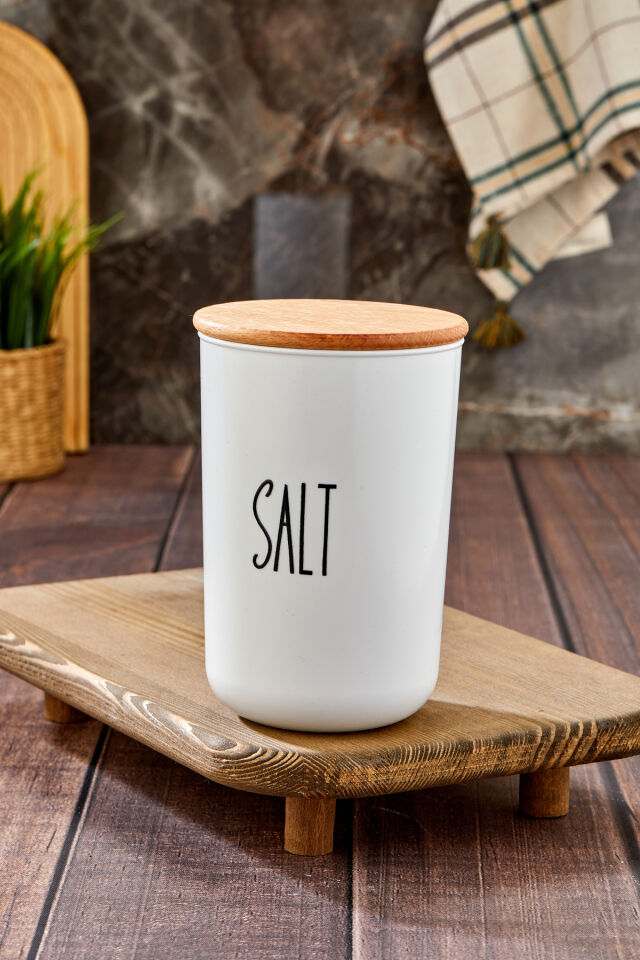 1 Adet 900ml PLASTİK Kavanoz Ahşap Vakum Kapaklı Transfer Etiketli Saklama Kabı Salt