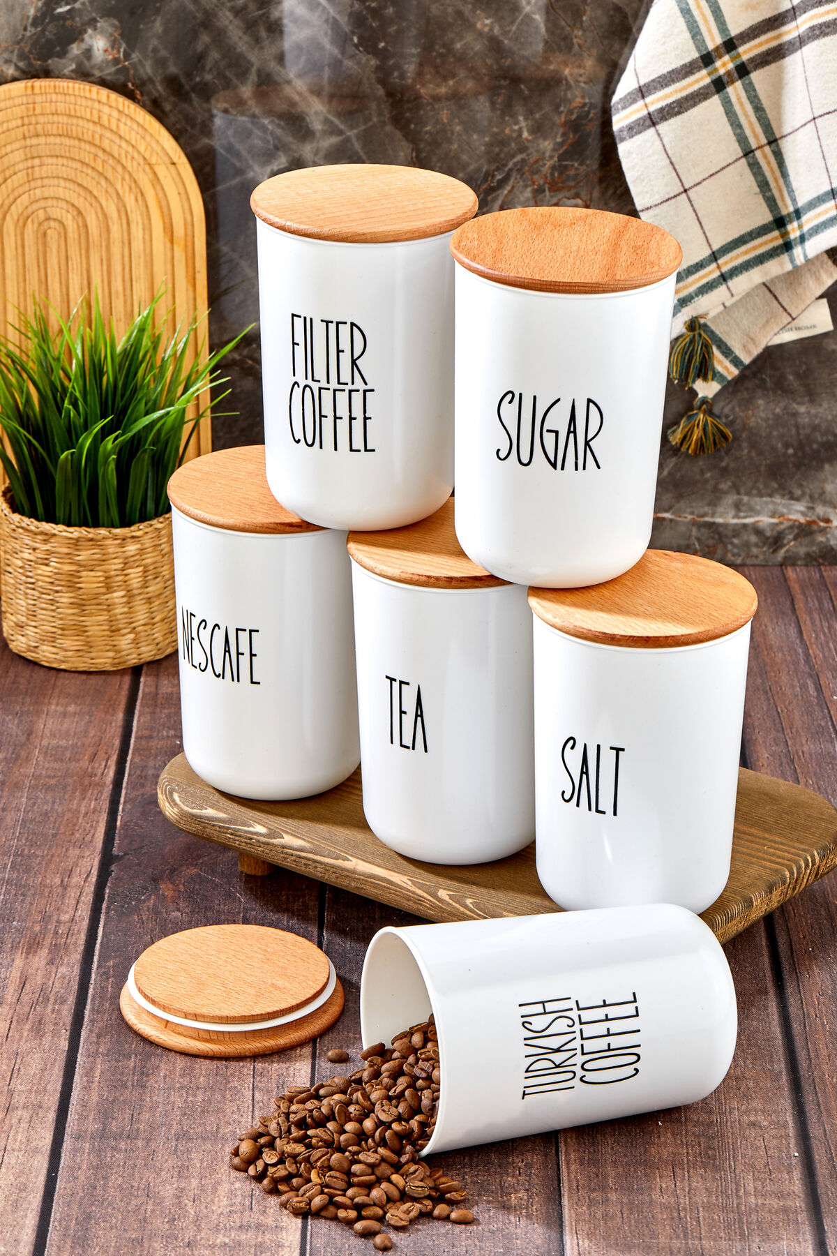 6'lı Ahşap Kapaklı Transfer Etiketli Coffe/tea/sugar PLASTİKKavanoz 900ml Saklama Kabı. Beyaz