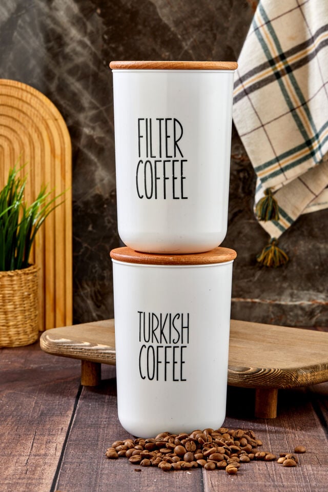 2'li Ahşap Vakum Kapaklı Transfer Etiketli Turkıshcoffe/filtercoffe Akrilik(PLASTİK)Kavanoz 900ml Beyaz