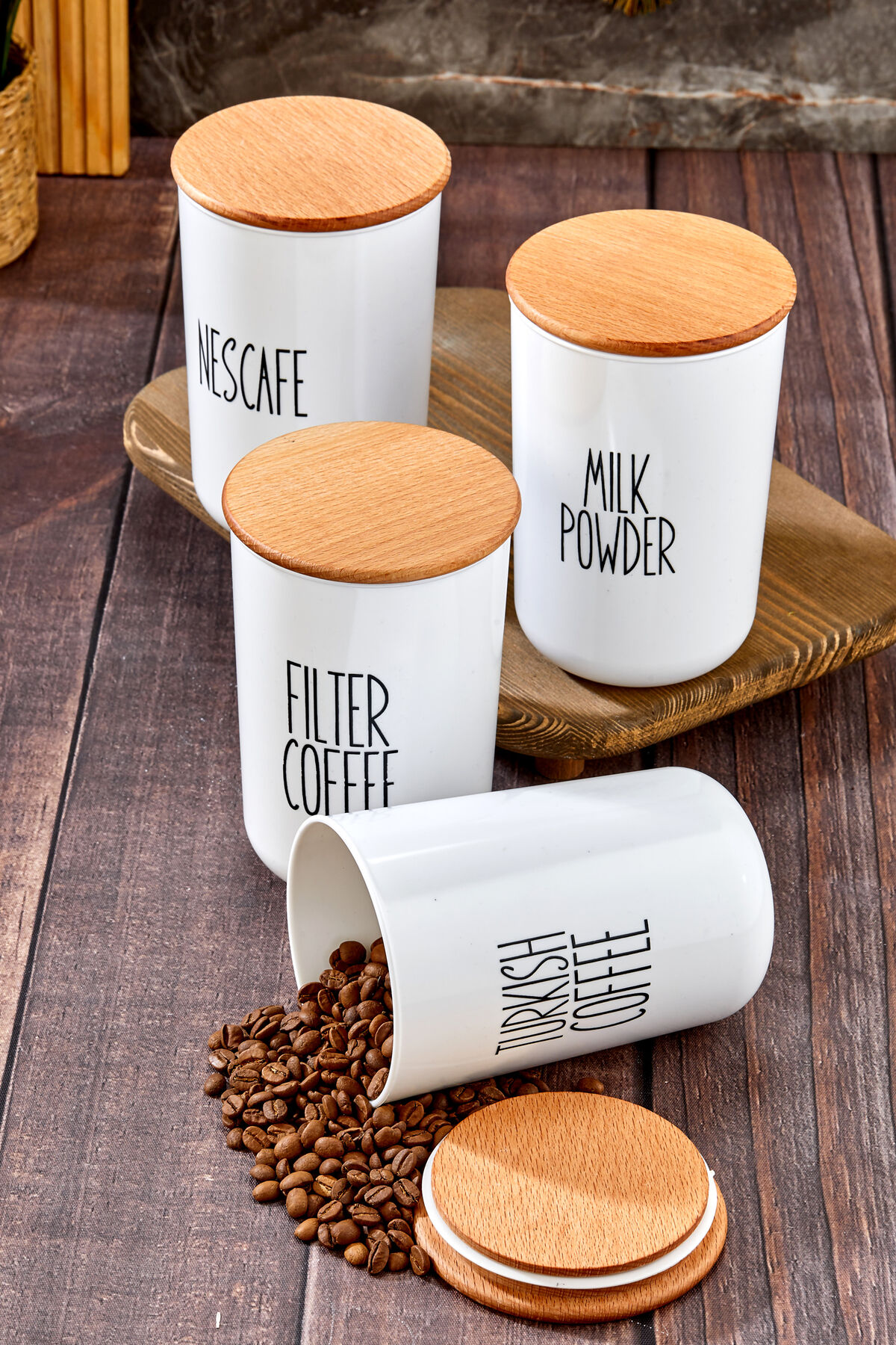 4'lü Ahşap Kapaklı Transfer Etiketlturkısh-fılter-nescafe-milkpowder Mika Kavanoz 900ml.cam Değil. Beyaz