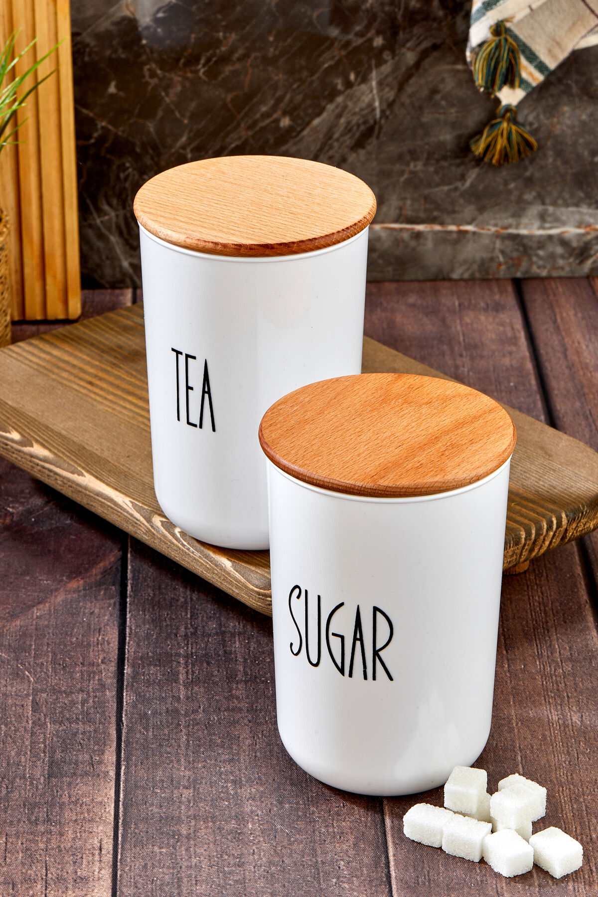 2'li Ahşap Vakum Kapaklı Transfer Etiketli Tea/sugar Akrilik Kavanoz 900ml Beyaz