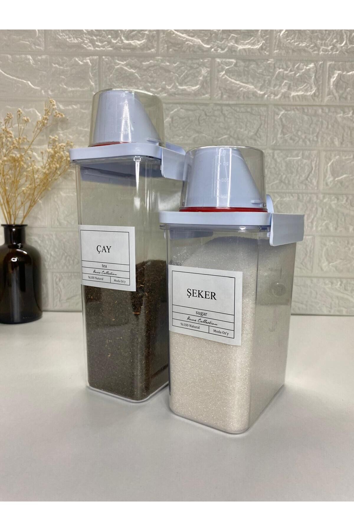 2'li Ölçü Kapaklı 2300/1800 ml Çay/şeker Saklama Kabı Vakumlu Akrilik Erzak Kabı Beyaz