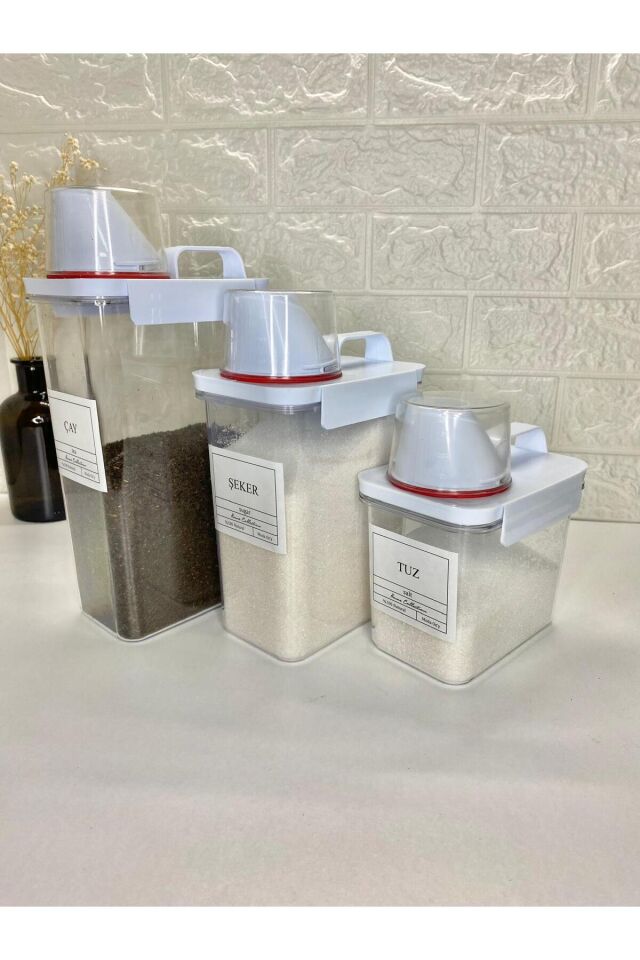 3lü Ölçü Kapaklı 2300/1800/1100 ml Çay/Şeker /Tuz  Saklama Kabı Vakumlu Akrilik Erzak Kabı Beyaz