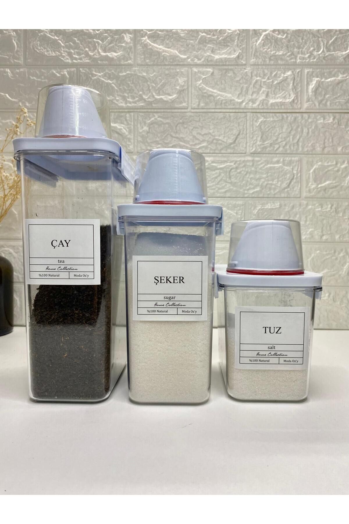 3lü Ölçü Kapaklı 2300/1800/1100 ml Çay/Şeker /Tuz  Saklama Kabı Vakumlu Akrilik Erzak Kabı Beyaz