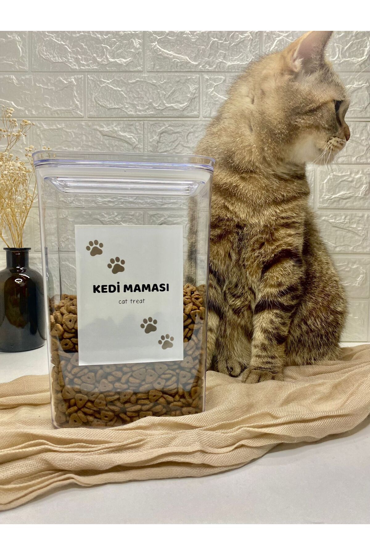 1 Adet 2900ml Vakum Kapaklı Akrilik Kedi Maması Saklama Kabı Düzenleyici Şeffaf