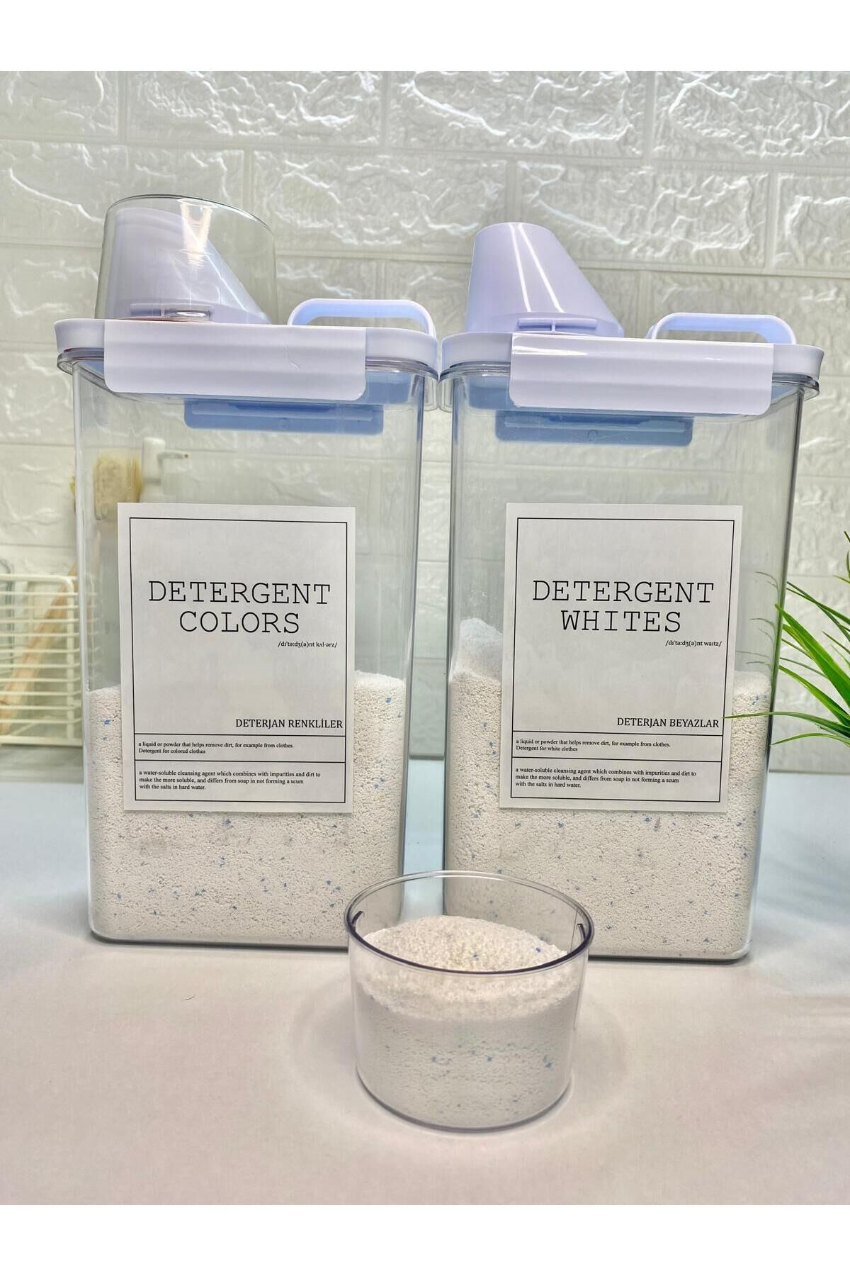 2li Ölçü Kapaklı 2300ml Beyazlar/Renkliler Deterjan Kabı Vakumlu Akrilik Banyo Düzenleyici Set Beyaz