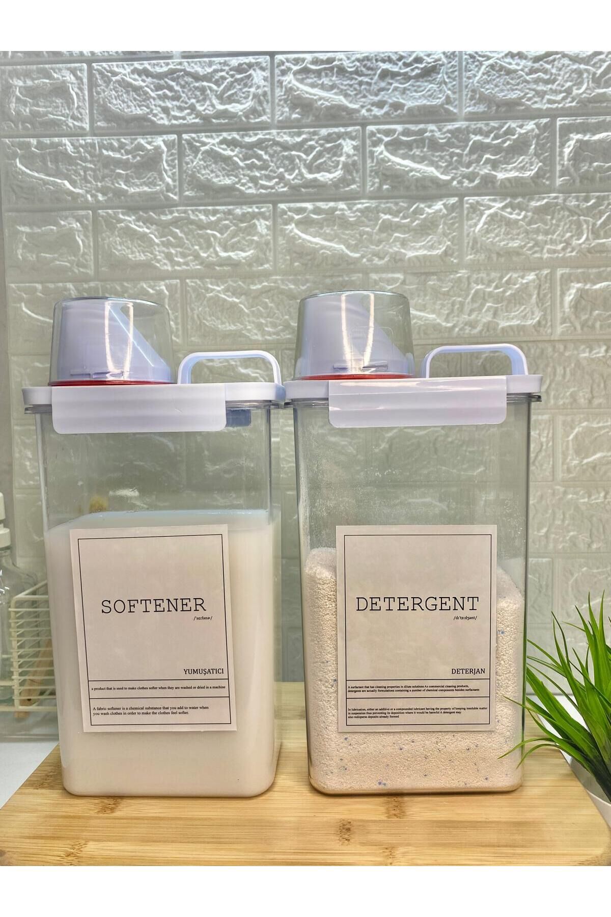 2li Ölçü Kapaklı 2300ml Deterjan/yumuşatıcı Kabı Vakumlu Akrilik Banyo Düzenleyici Set Beyaz