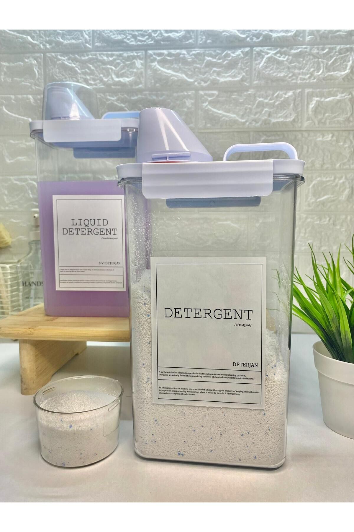 2li Ölçü Kapaklı 2300ml Sıvı Deterjan/Deterjan Kabı Vakumlu Akrilik Banyo Düzenleyici Set Beyaz
