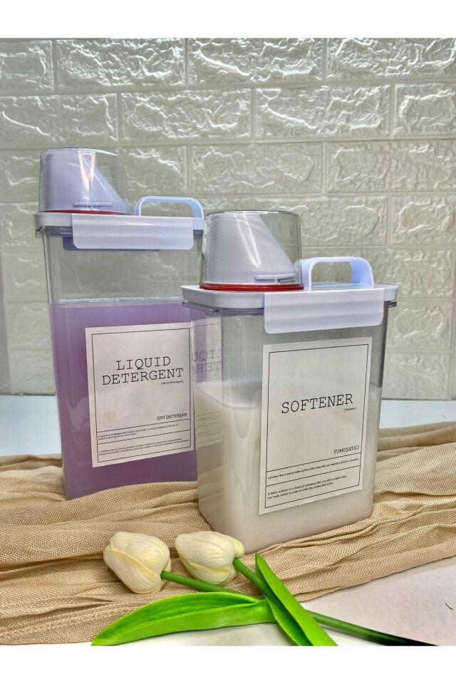 2li Ölçü Kapaklı 2300ml Sıvı Deterjan/1800ml Yumuşatıcı Kabı Vakumlu Akrilik Banyo Düzenleyici Set Beyaz