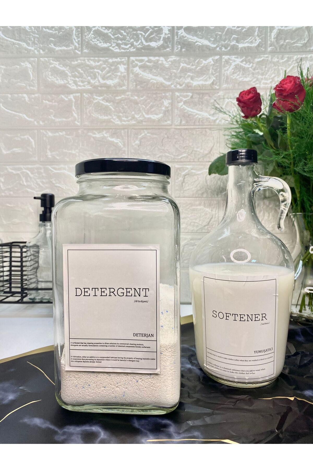 1 Adet 3000ML Deterjan Kavanozu/1 Adet 1500ML Galon Yumuşatıcı Şişesi Kavanoz Seti Siyah
