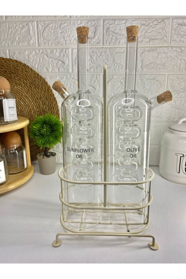 2'li Metal Stantlı 750ml Sıvıyağ /250ml Sirkelik Çift Çedarlı Cam Şişe Yağlık Şeffaf