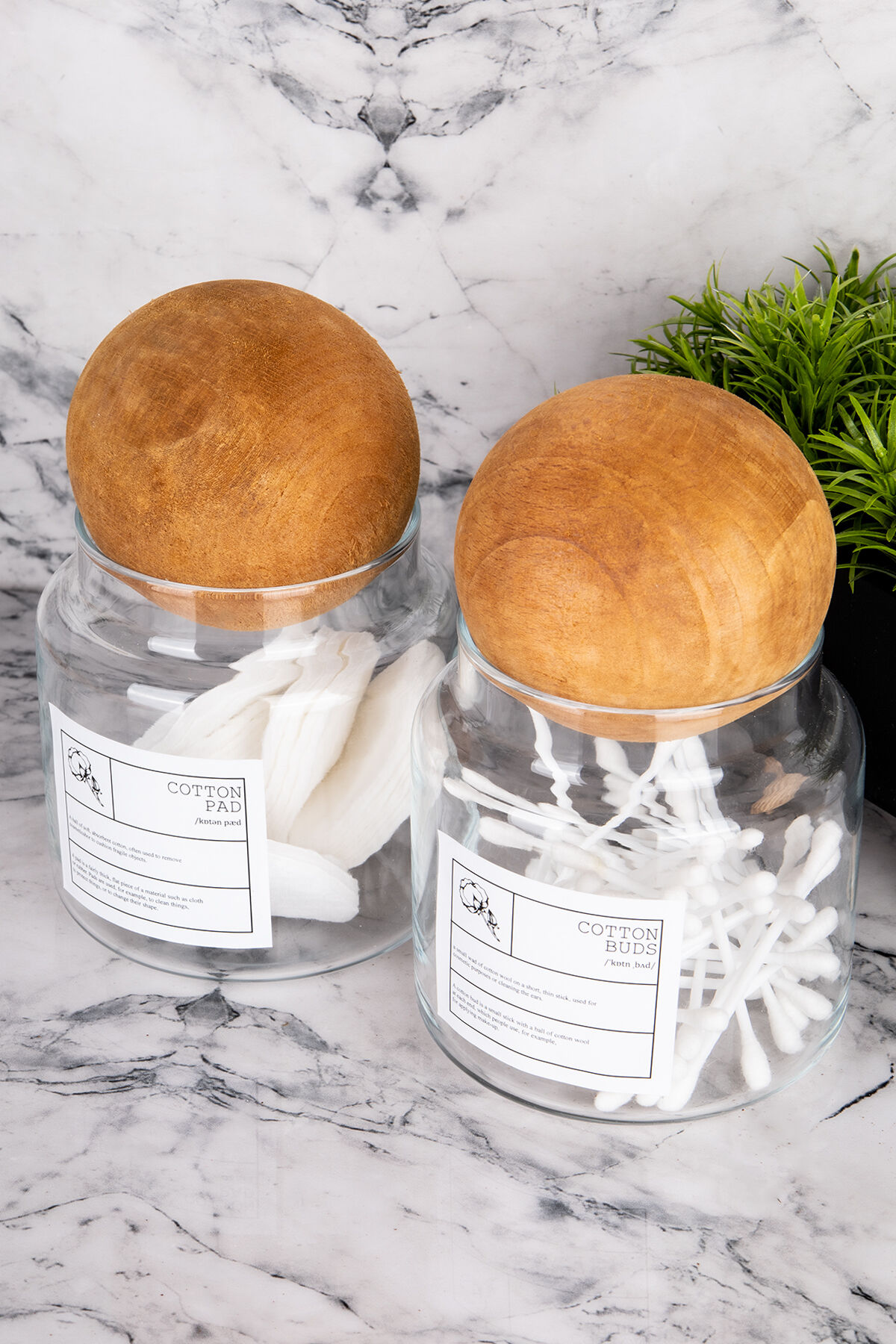 2li 500ml Top Kapaklı Kulak Pamuğu/Makyaj Pamuğu Etiketli Cam Banyo Düzenleyici Kavanoz Şeffaf