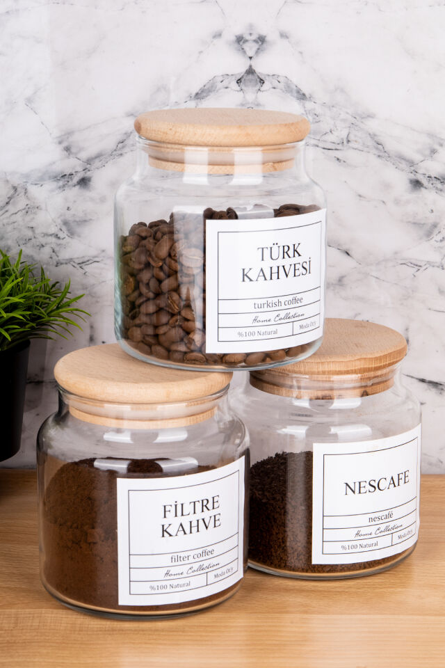 3lü 500ml Ahşap Kapaklı Nescafe&türk Kahvesi&filtre Kahve Etiketli Cam Kavanoz Saklama Kabı Şeffaf