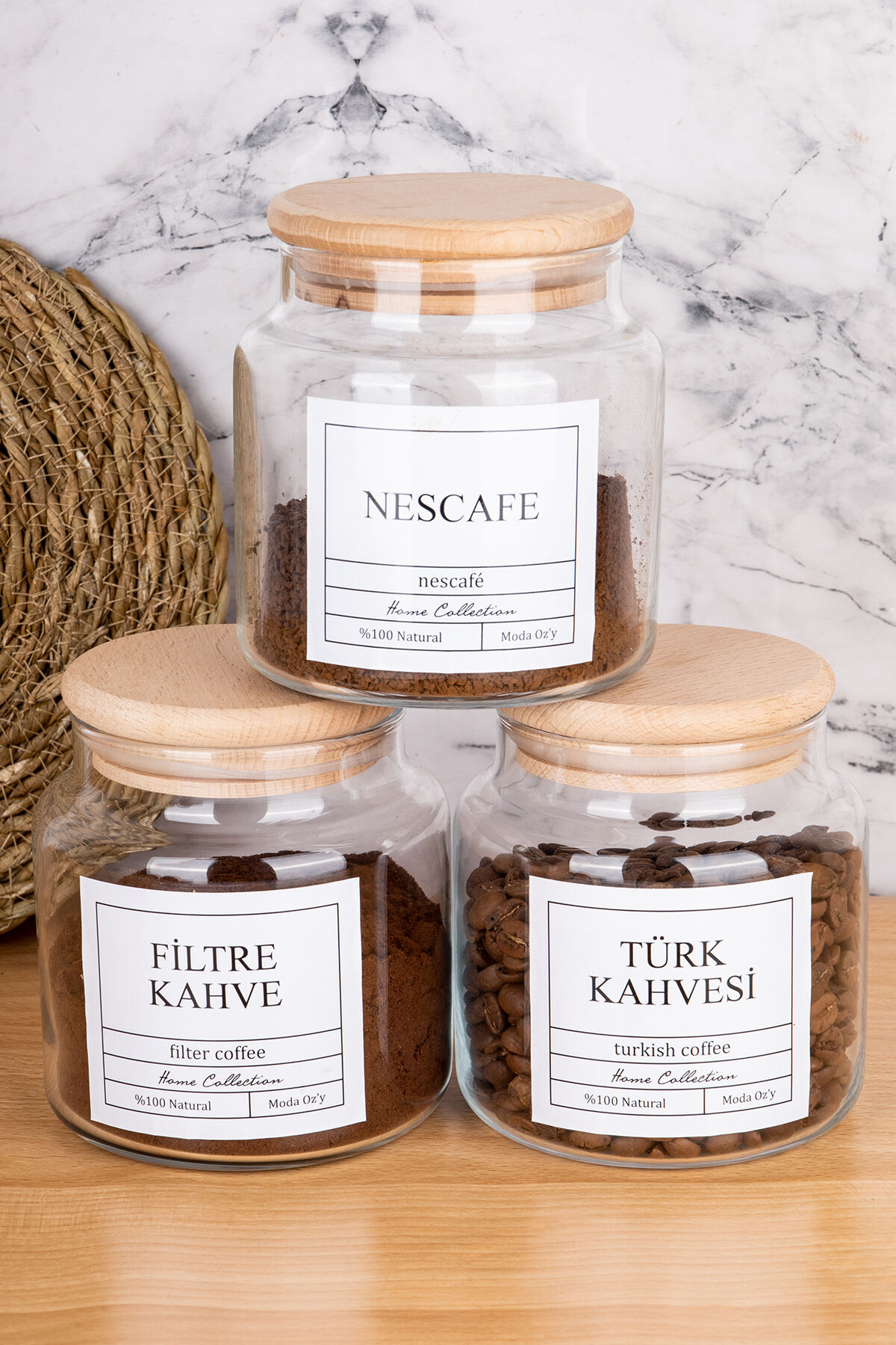 3lü 500ml Ahşap Kapaklı Nescafe&türk Kahvesi&filtre Kahve Etiketli Cam Kavanoz Saklama Kabı Şeffaf